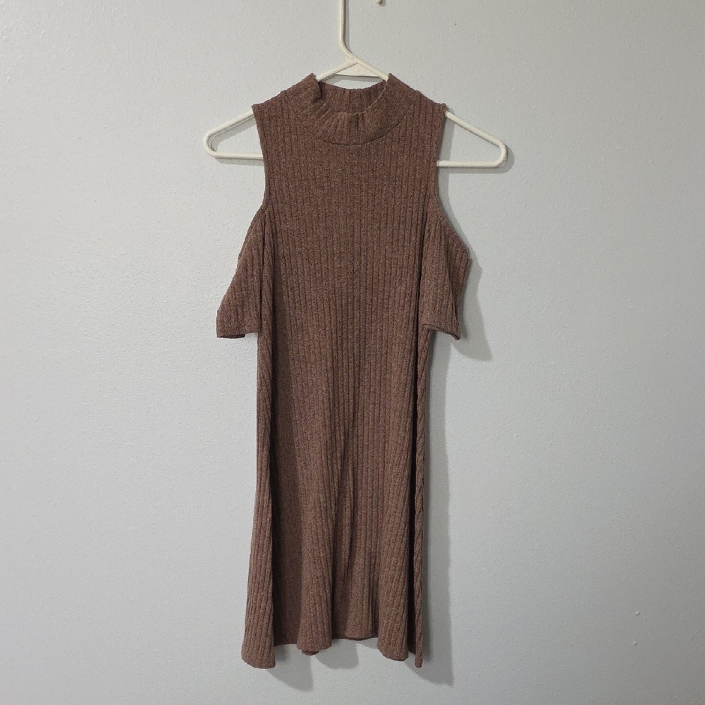 Cold Shoulder Brown Ribbed Knit Dress